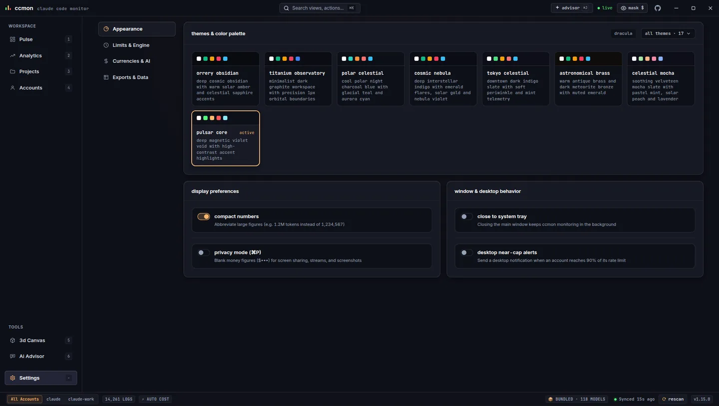 ccmon Settings view with the seventeen-theme grid, cost mode, pricing, currency and data root controls