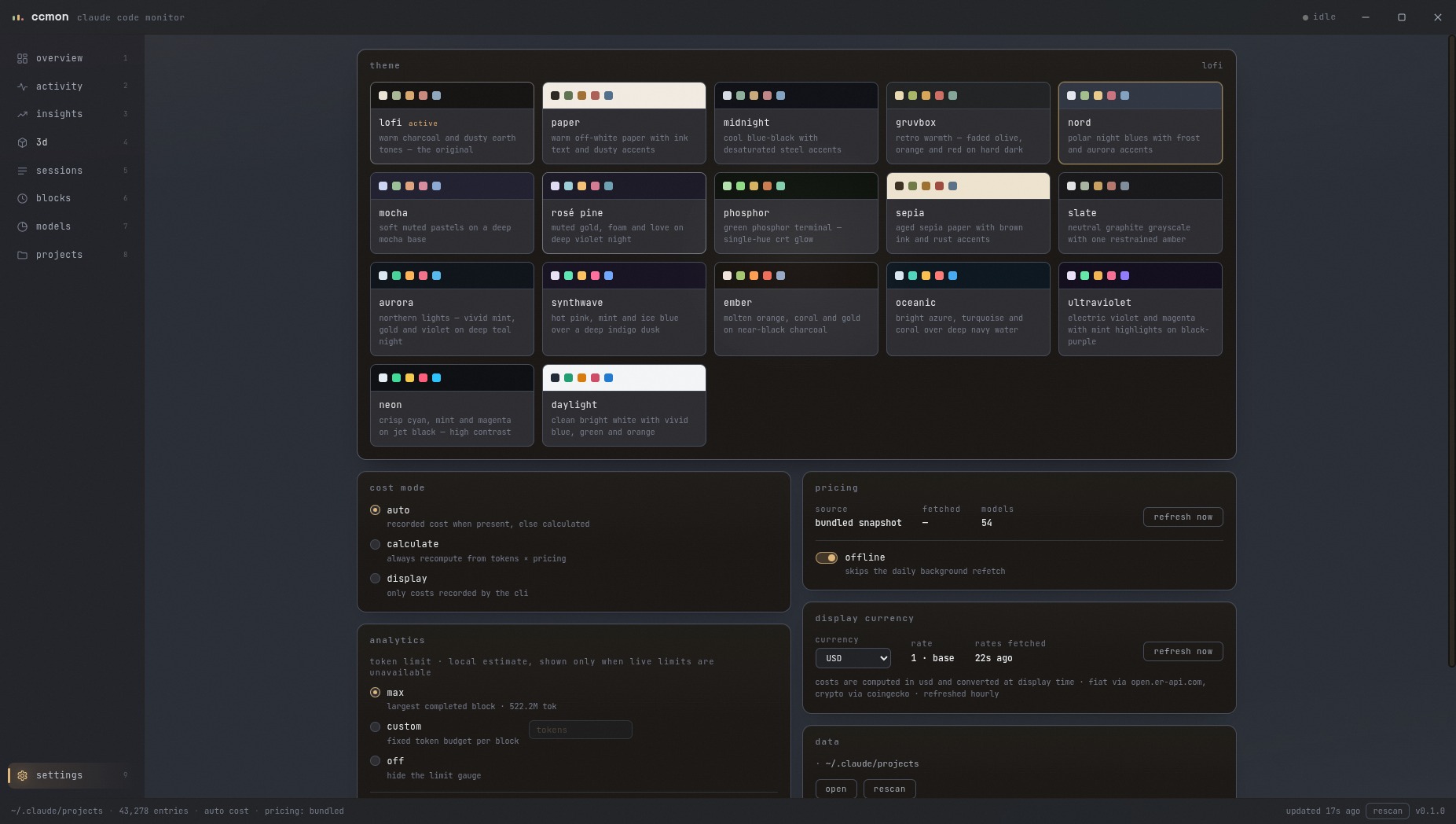 ccmon settings view with the seventeen-theme grid, cost mode, pricing, and currency controls