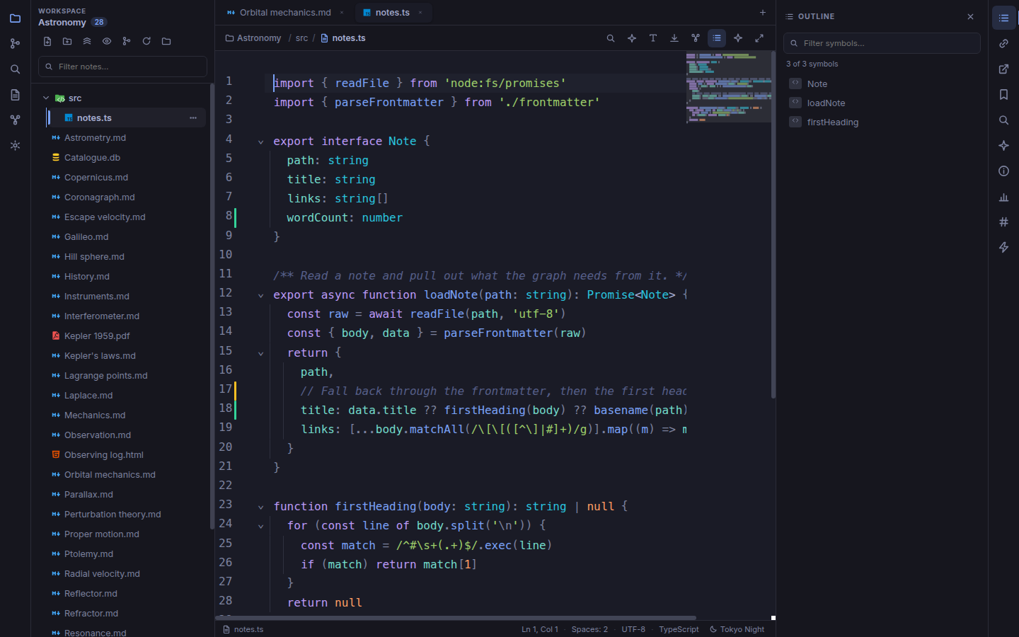 A TypeScript file with syntax highlighting, a minimap, folding and git change bars