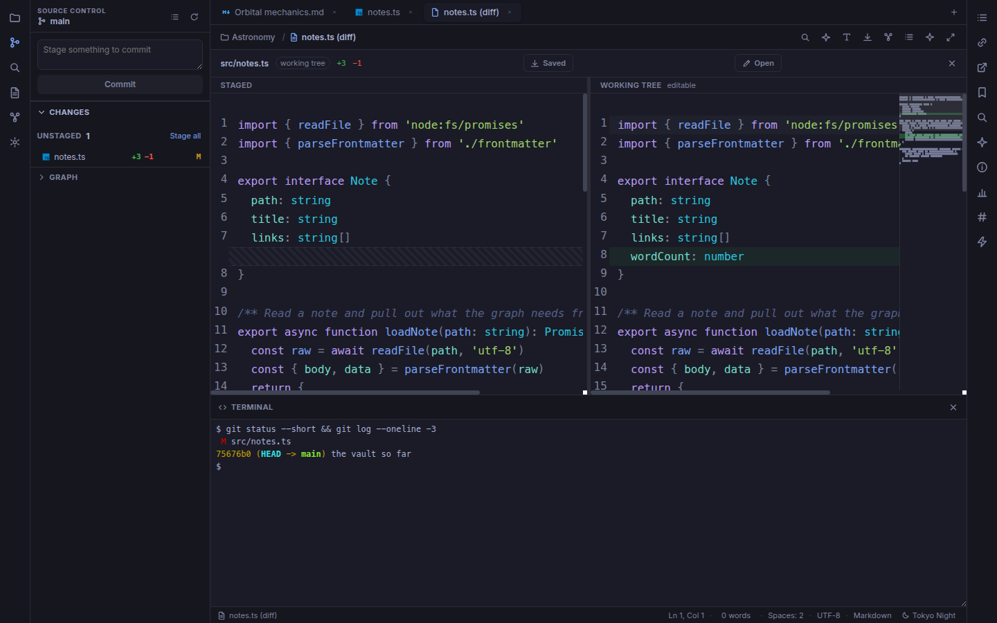 A side-by-side diff with a minimap, source control in the sidebar, and a terminal