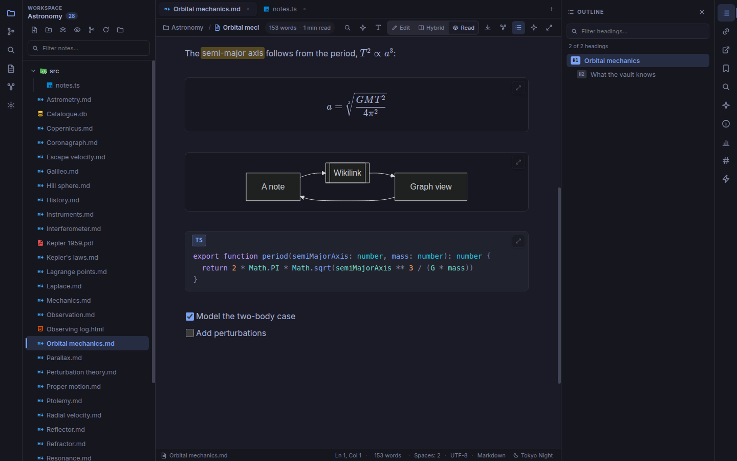 Reading mode with a displayed equation, a mermaid flowchart and a TypeScript code card