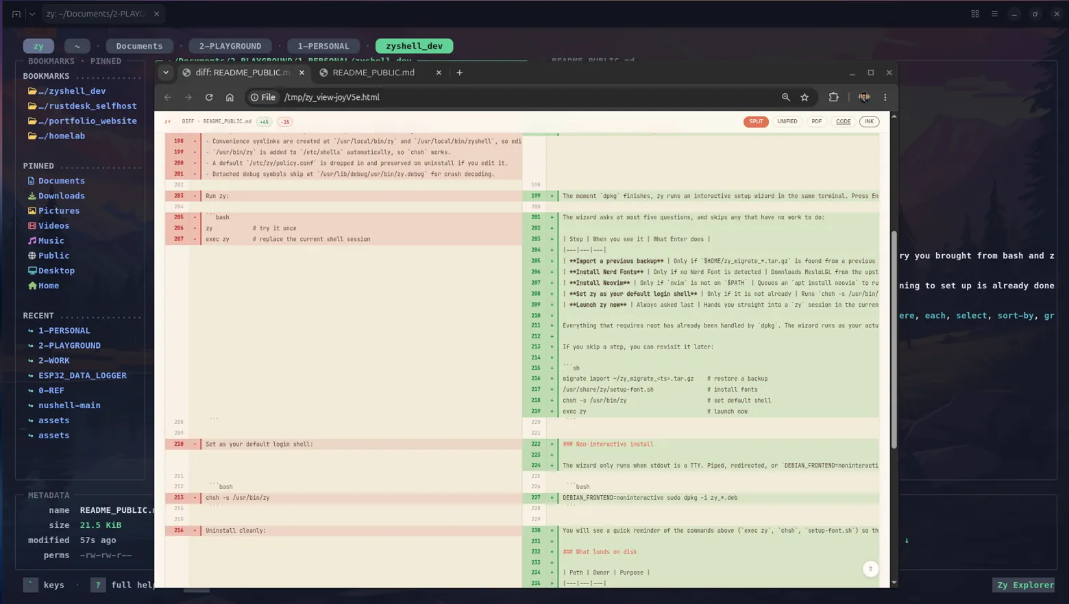zy explore HTML side-by-side diff for uncommitted changes