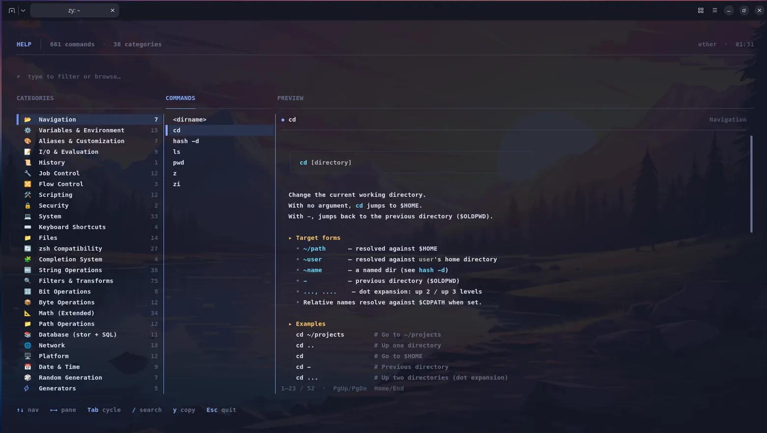 zy help TUI, a three-pane builtin browser